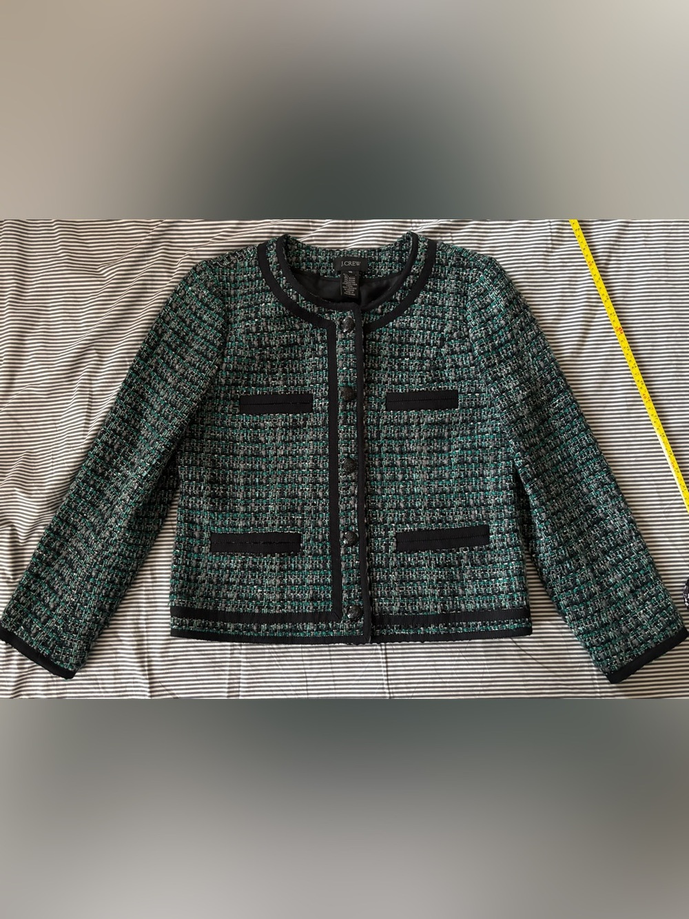 J. Crew Black and Green Tweed Collarless Lady Jacket